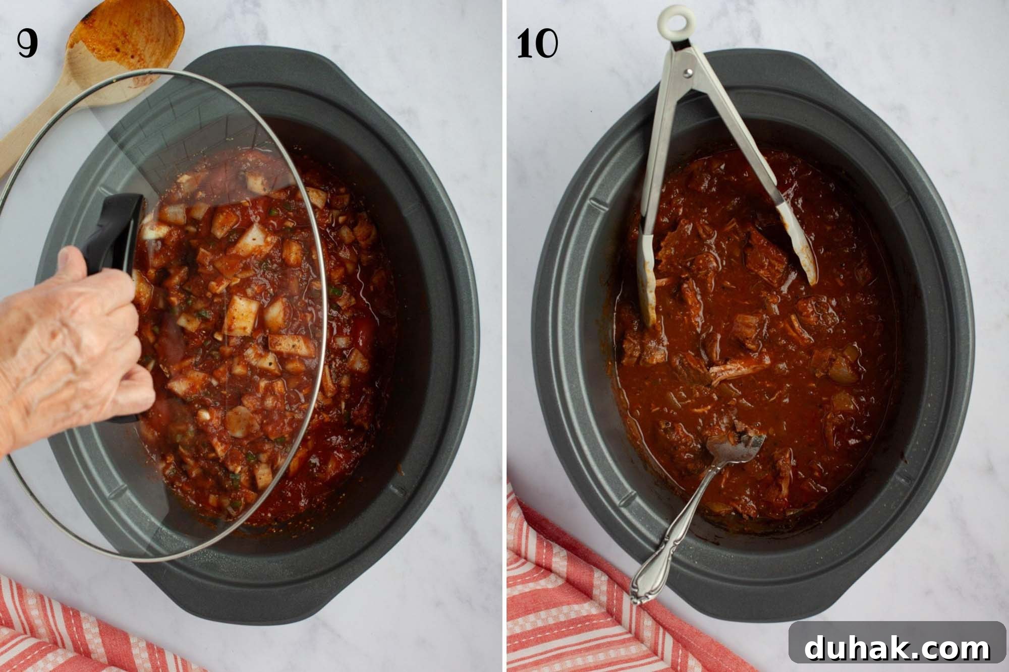 Slow-Cooked Seasoned Beef Burritos for the Crockpot 6 Composite image: 9 - putting a lid on a slow cooker with a roast and red sauce with chopped aromatics; 10- same roast in slow cooker after cooking and shredding the meat.