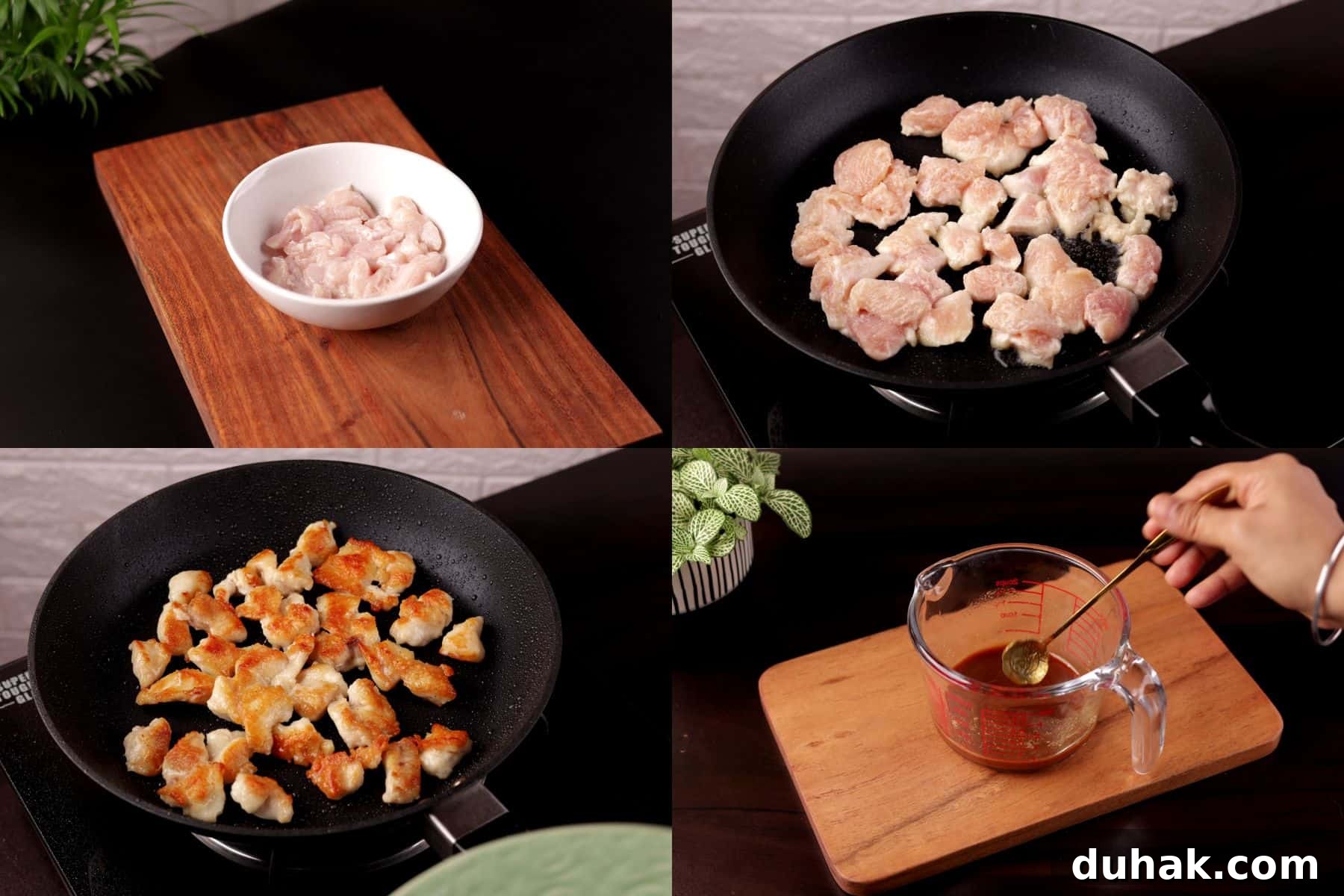 Garlic Chicken Stir-Fry with Spicy Szechuan Sauce 4 Step-by-step collage showing marinating chicken, pan searing, and mixing garlic sauce for Chinese garlic chicken.