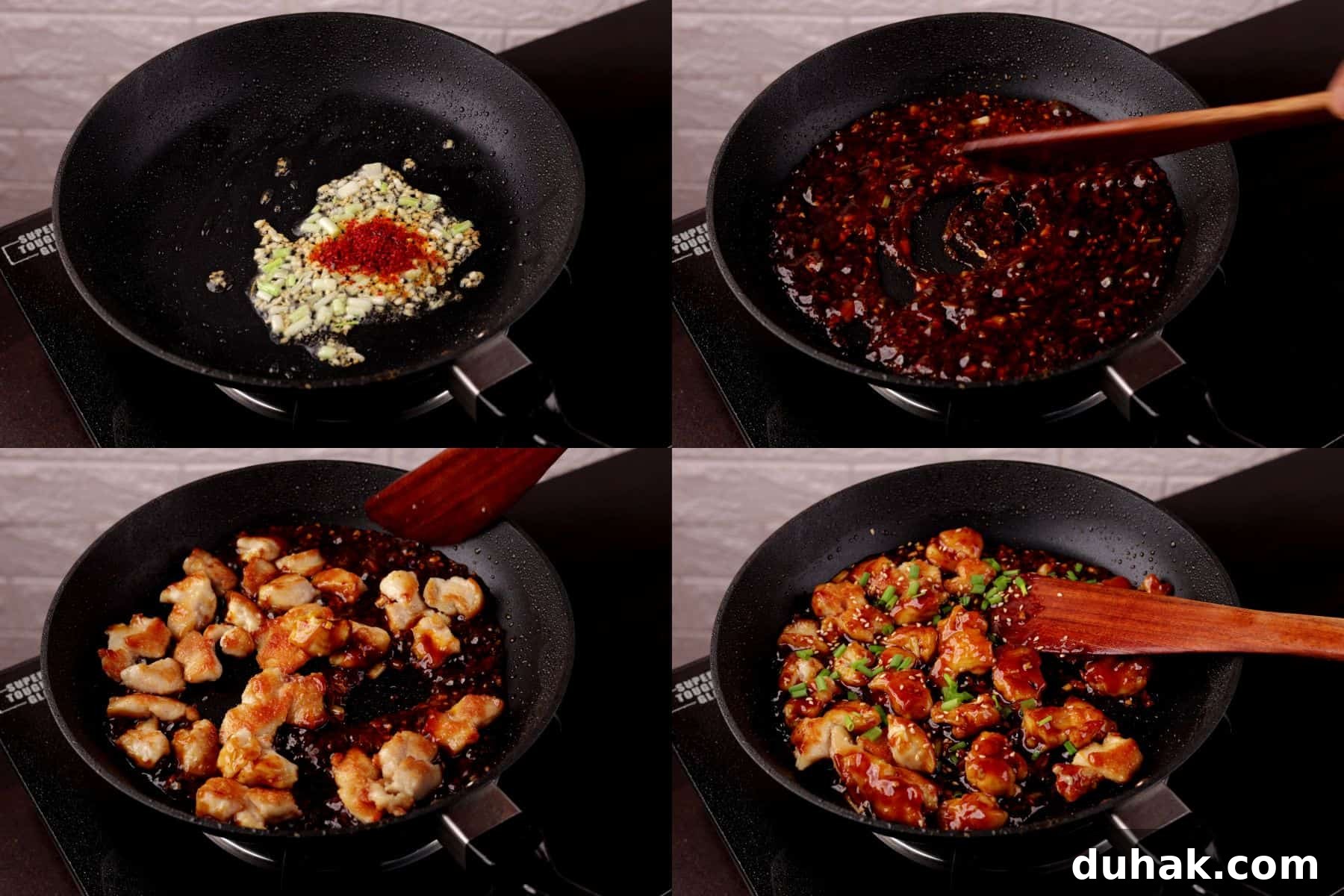 Garlic Chicken Stir-Fry with Spicy Szechuan Sauce 5 Step-by-step collage showing sauteing aromatics, cooking with sauce, combining chicken, and garnishing for Chinese garlic chicken.