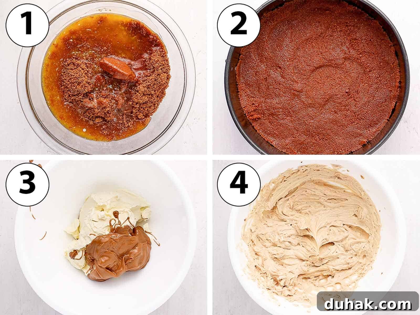 Process Shot Collage: making the biscoff crust and mixing the wet ingredients for the cheesecake.
