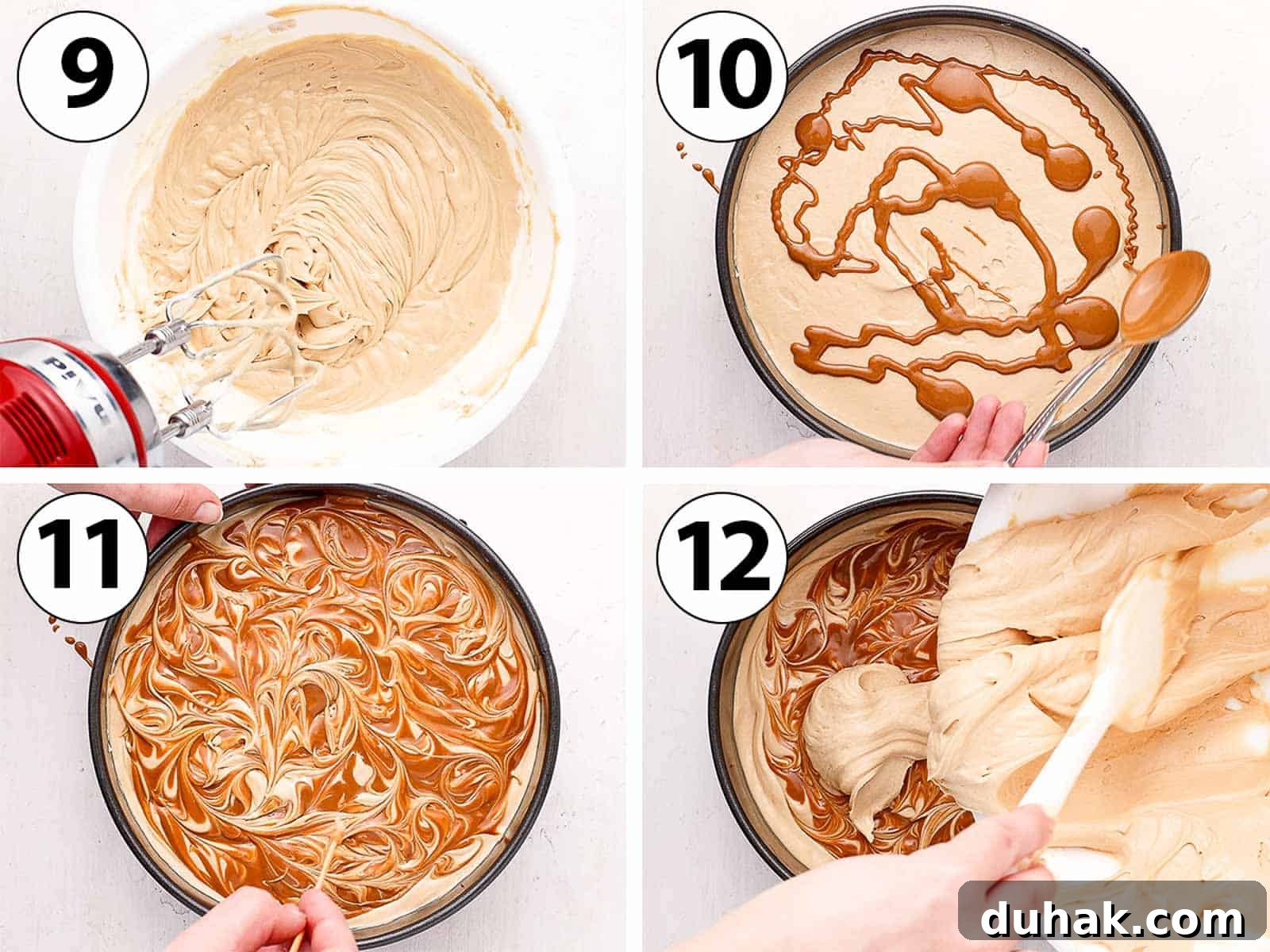 Process Shot Collage: combining the cream cheese and whipped cream mixture and layering the cheesecake with biscoff swirl over the crust.