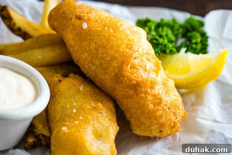 Battered white fish on parchment paper