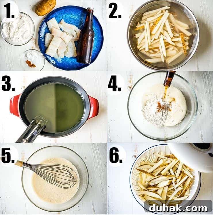 Step-by-step photo collage of how to make beer batter fish and chips