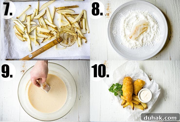 Step-by-step photo collage of how to make beer batter fish and chips