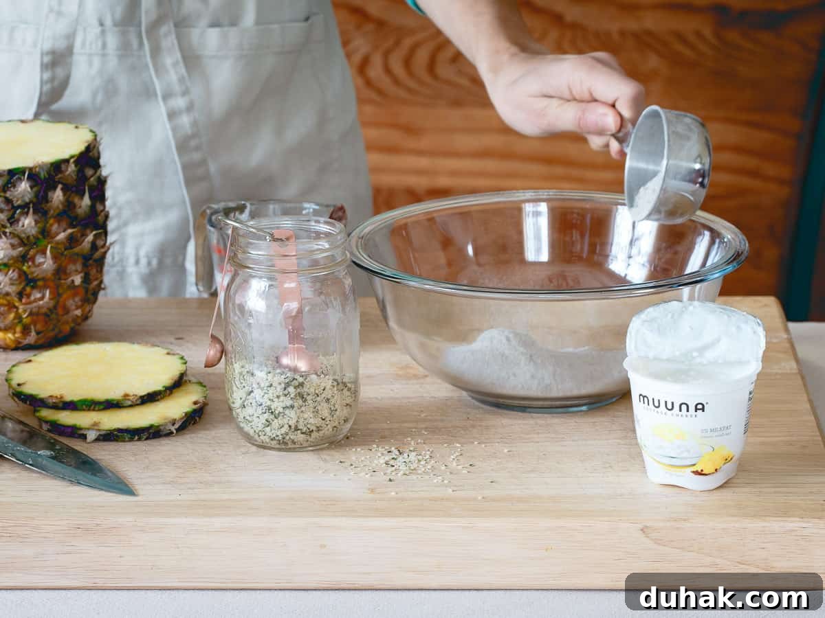 Muuna pineapple cottage cheese is the secret ingredient to these protein packed buckwheat pancakes.