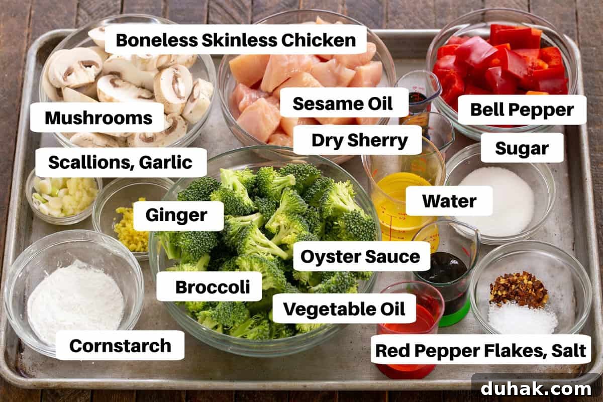Quick Garlic Chicken Stir-Fry with Veggies (30-Minute Recipe) 2 Chicken Broccoli Stir Fry Ingredients on a sheet pan with labels.
