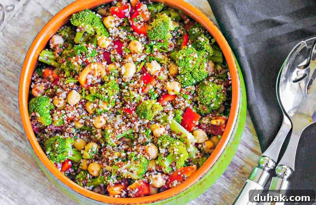 broccoli chickpea quinoa salad in a bowl