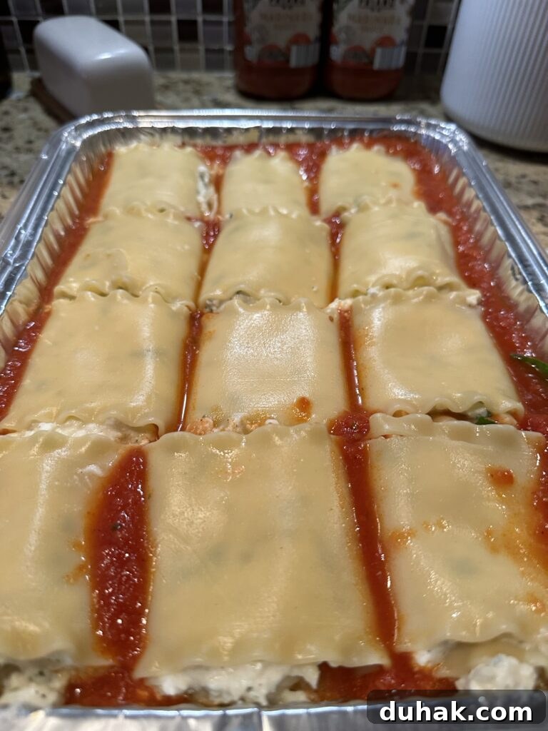 Authentic Italian Lasagna Recipe for Rich, Homemade Flavor 8 The lasagna noodle rolls arranged in tomato sauce in the baking tin