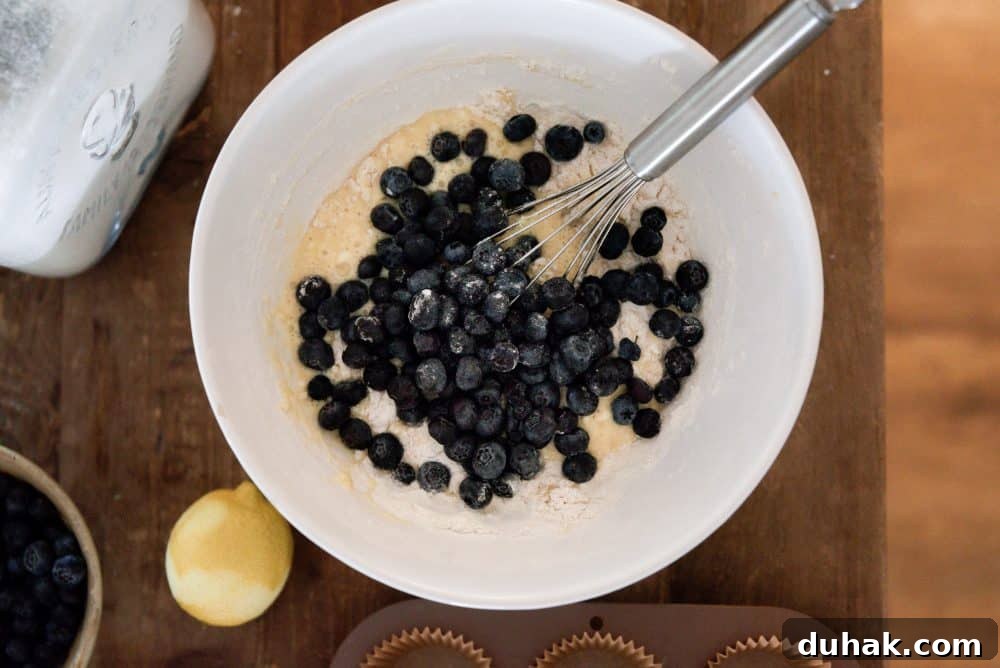 blueberry muffin batter in mixing bowl