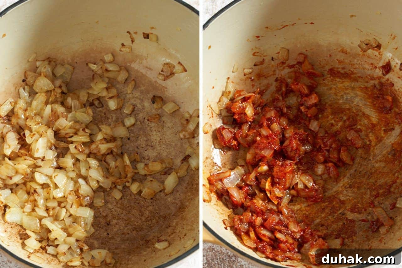 Gochujang Kabocha Squash Soup with Coconut Cream 6 Two images side by side, on the left are diced onions cooked down in a pot, on the right, korean gochujang has been added to the onions.
