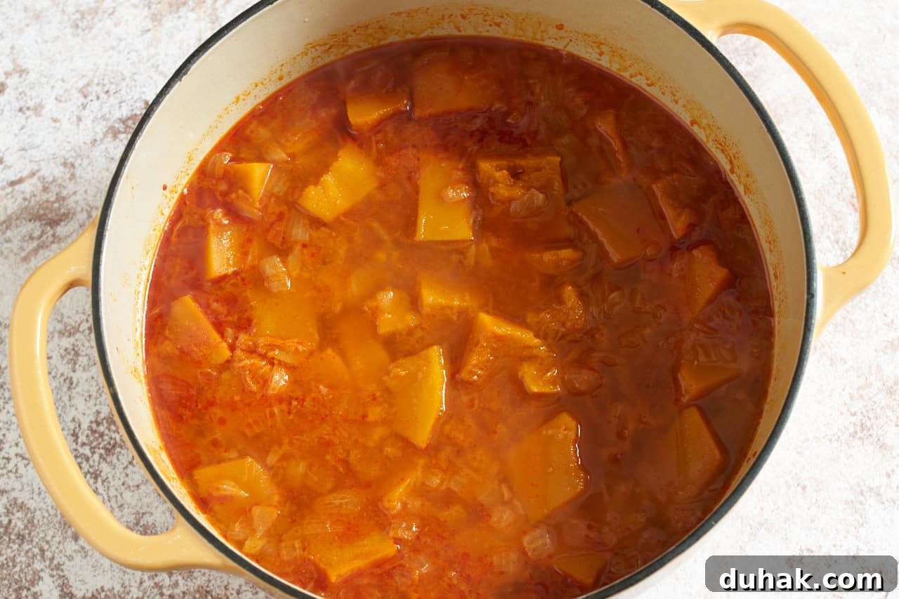 Gochujang Kabocha Squash Soup with Coconut Cream 7 Cooked kabocha squash in a broth with gochujang.