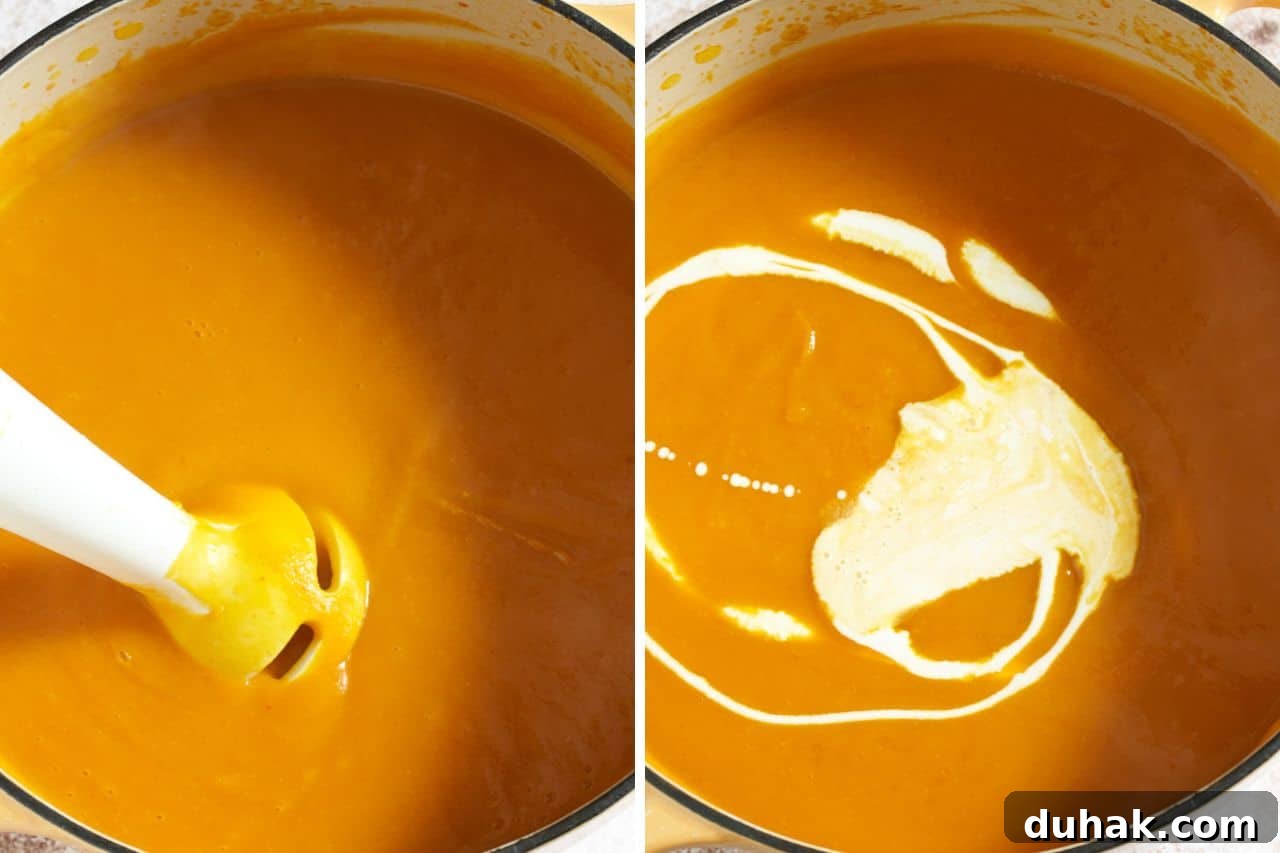 Gochujang Kabocha Squash Soup with Coconut Cream 8 Two images side by side, on the left is kabocha squash soup in a pot that has been blended with an immersion blender in it, on the right is the soup with cream poured into it.