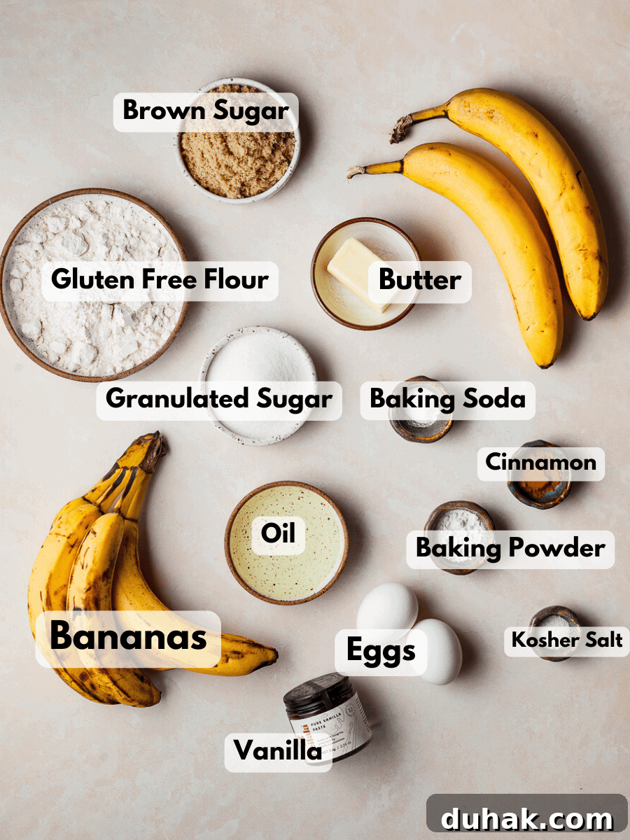 a collage of ingredients needed to make a banana upside down cake with gluten free ingredients