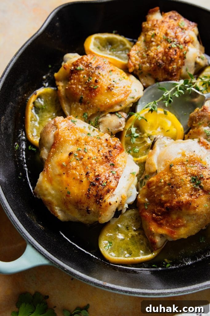 Crispy Lemon Butter Chicken Thighs with Garlic and Herbs 3 Butter chicken thighs in skillet with lemon slices and herbs