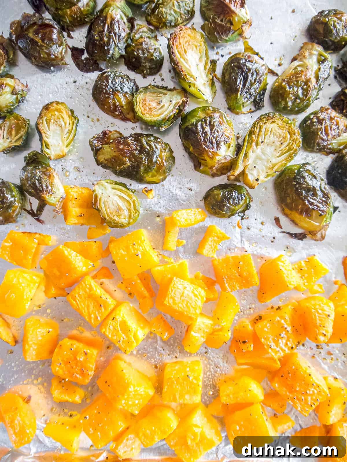 Autumn Harvest Salad with Maple Vinaigrette and Roasted Squash 5 Roasted brussels sprouts and butternut squash.