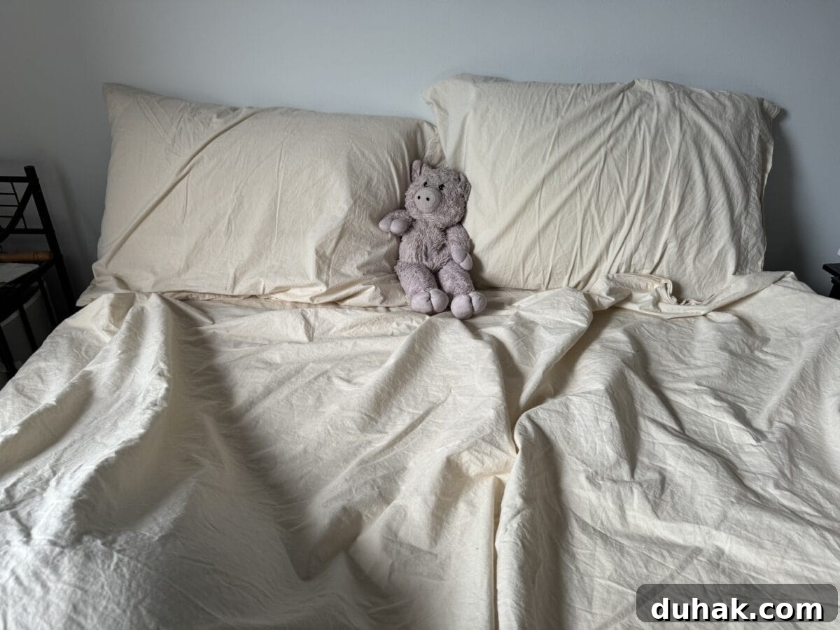 American Blossom Linens Review: 100% USA-Made Bedding Guide 2 Horizontal - close up of pillow and stuffed animal on queen bed with ABL sheets