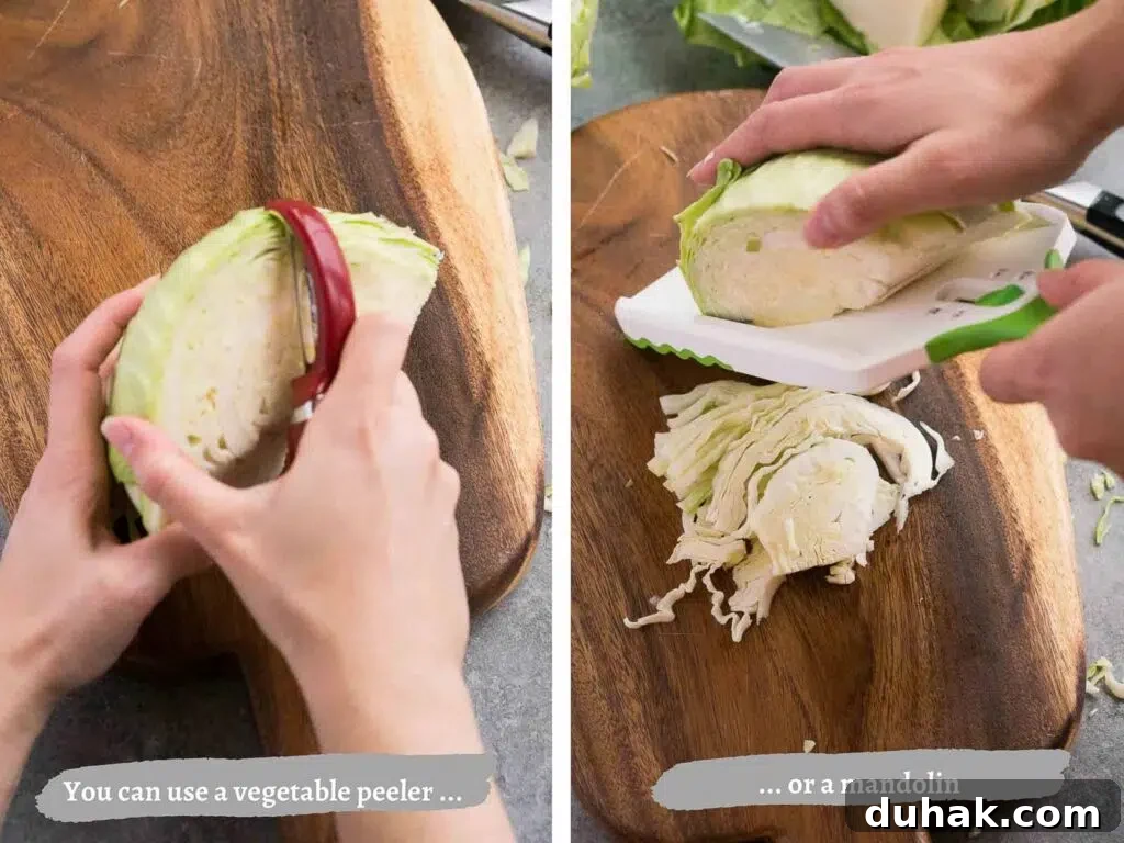 How to Cut Cabbage Like a Pro: Step-by-Step Guide 6 cutting a head of cabbage using a vegetable peeler and a mandolin