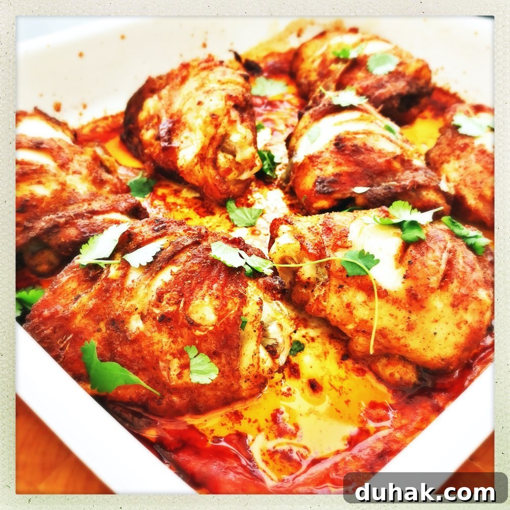 Mexican chicken thighs in an enamel roasting tin