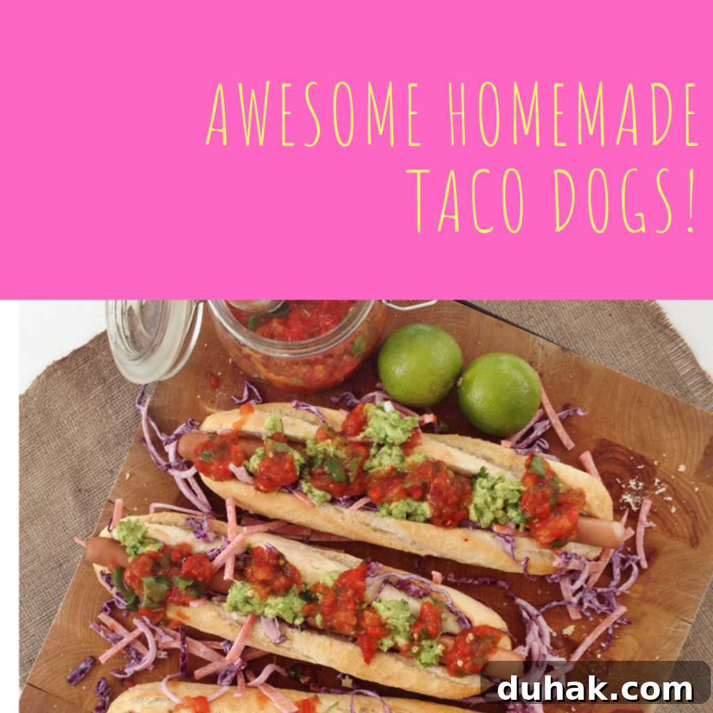 homemade taco dogs - crusty rolls stuffed with hot dog sausages and topped with coleslaw, Mexican salsa and guacamole.