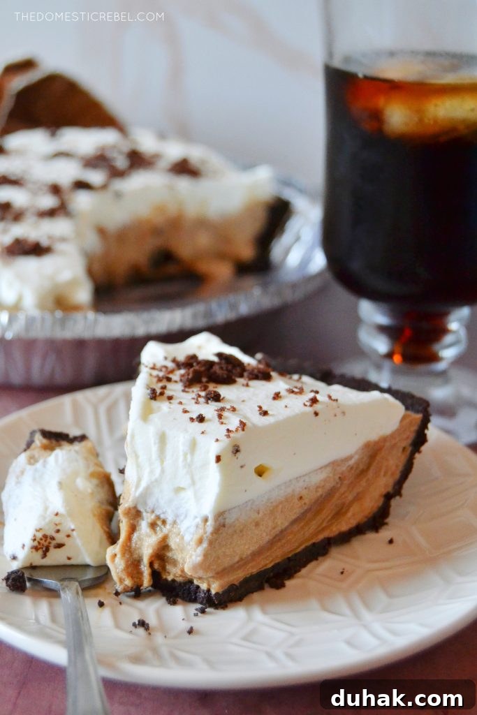 Cold Brew Coffee Pudding Pie Recipe for Coffee Lovers 4 a piece of cold brew pudding pie on a white plate with a bite missing from the pie