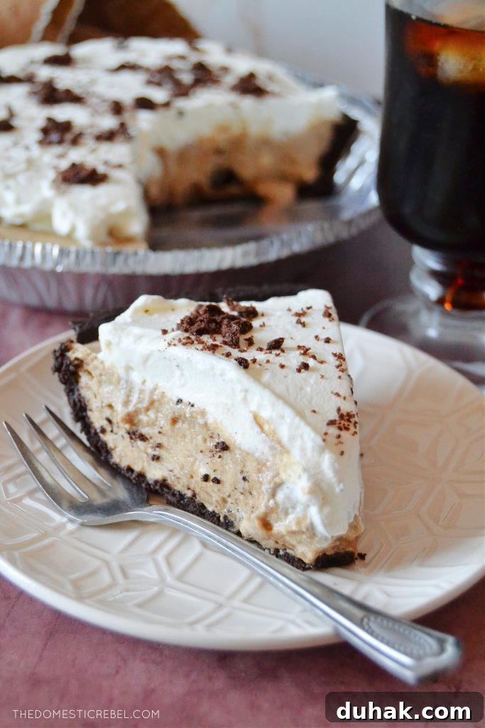 Cold Brew Coffee Pudding Pie Recipe for Coffee Lovers 5 cold brew pudding pie slice on a white textured plate with a silver fork