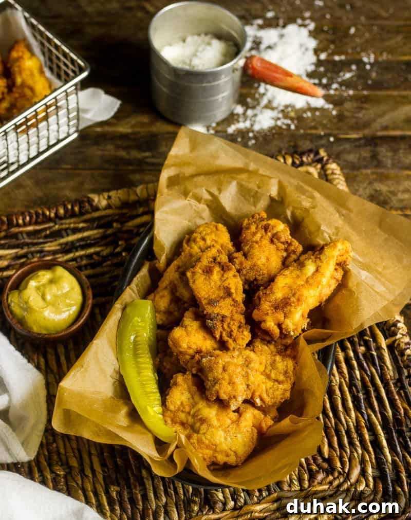 Pickle Brined Keto Fried Chicken in a basket with brown parchment paper and a pickle spear.