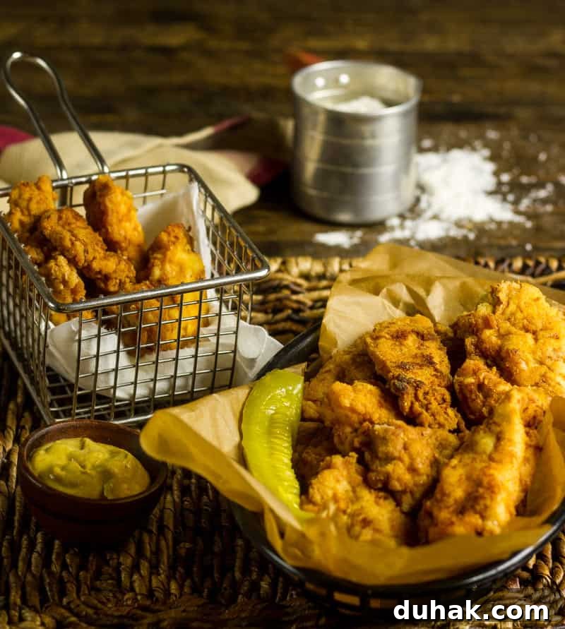 Pickle Brined Keto Fried Chicken in a basket with brown parchment paper and a pickle spear and some garlic mustard aioli.