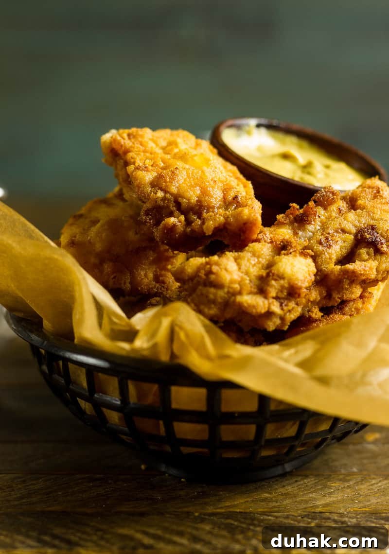 Pickle Brined Keto Fried Chicken in a basket with brown parchment paper and a pickle spear and some garlic mustard aioli.