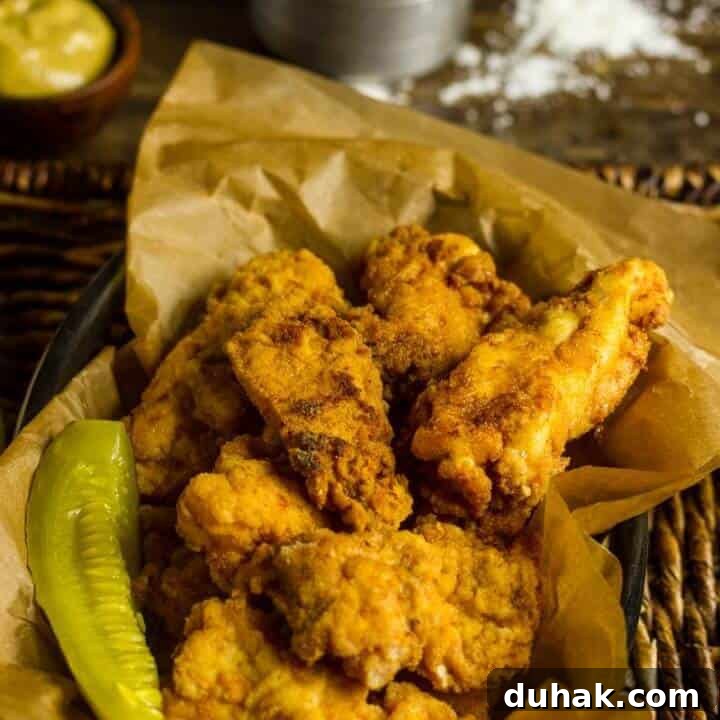 Pickle Brined Keto Fried Chicken in a basket with brown parchment paper and a pickle spear.