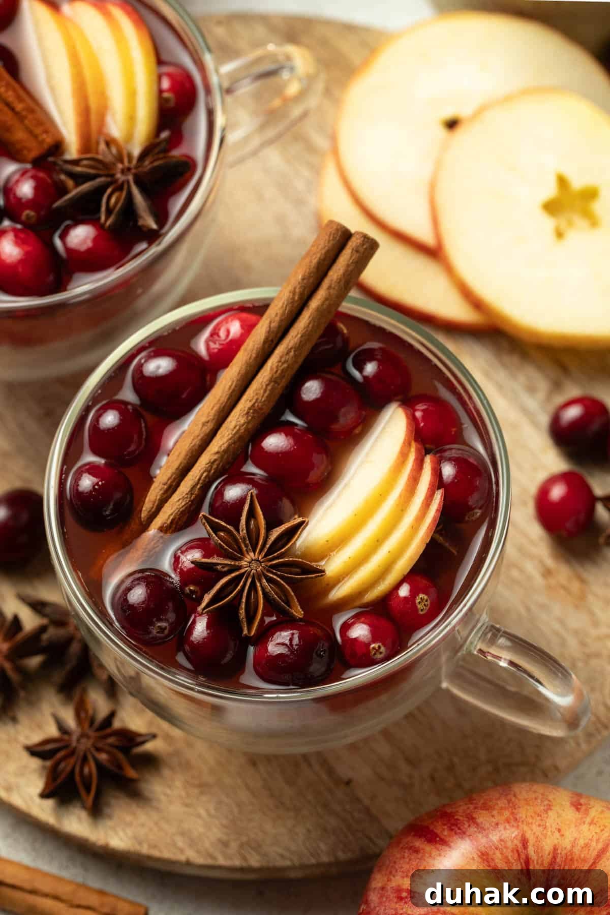 Alcohol-Free Wassail Recipe: Festive Mulled Apple Punch 2 Wassail in a clear mug with cranberries, apples, and a cinnamon stick.