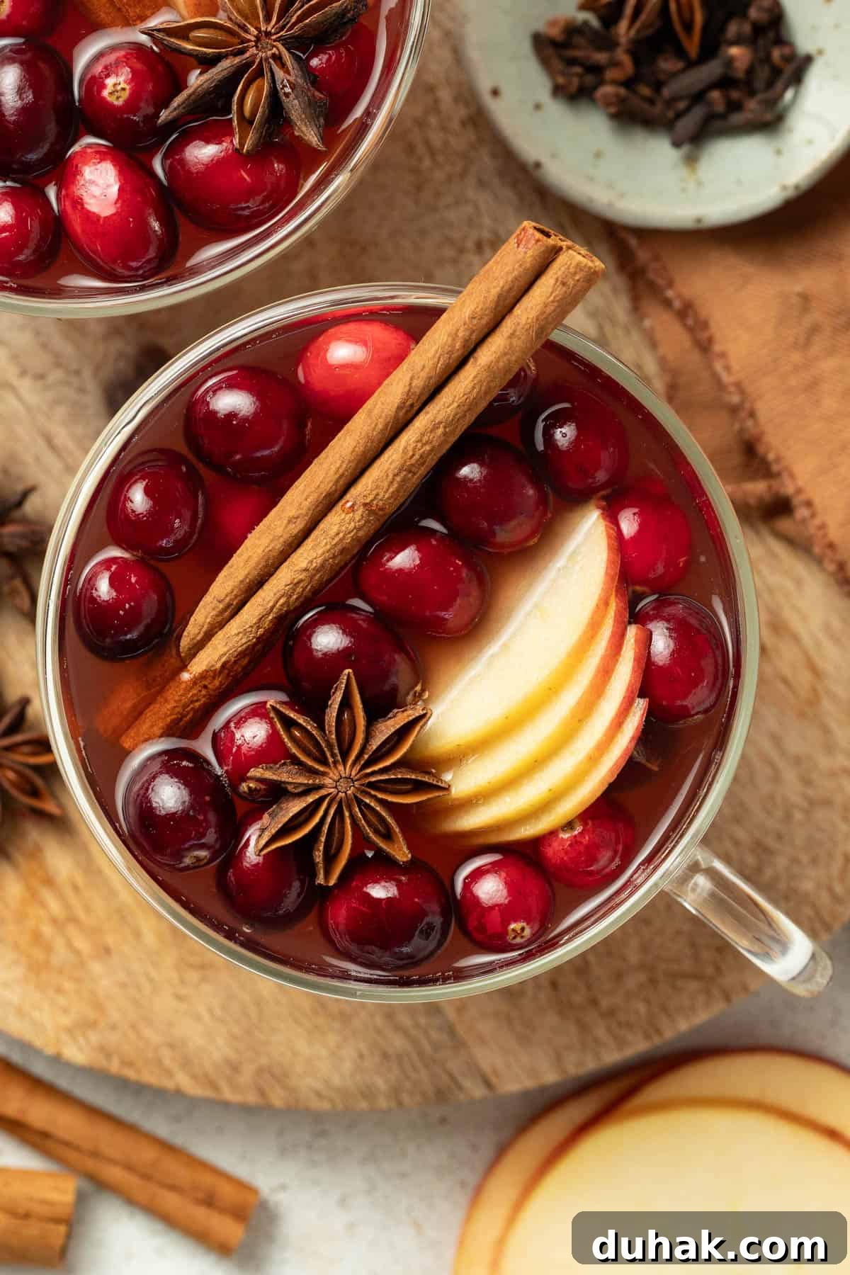 Alcohol-Free Wassail Recipe: Festive Mulled Apple Punch 6 Wassail in a mug topped with fresh cranberries and star anise.