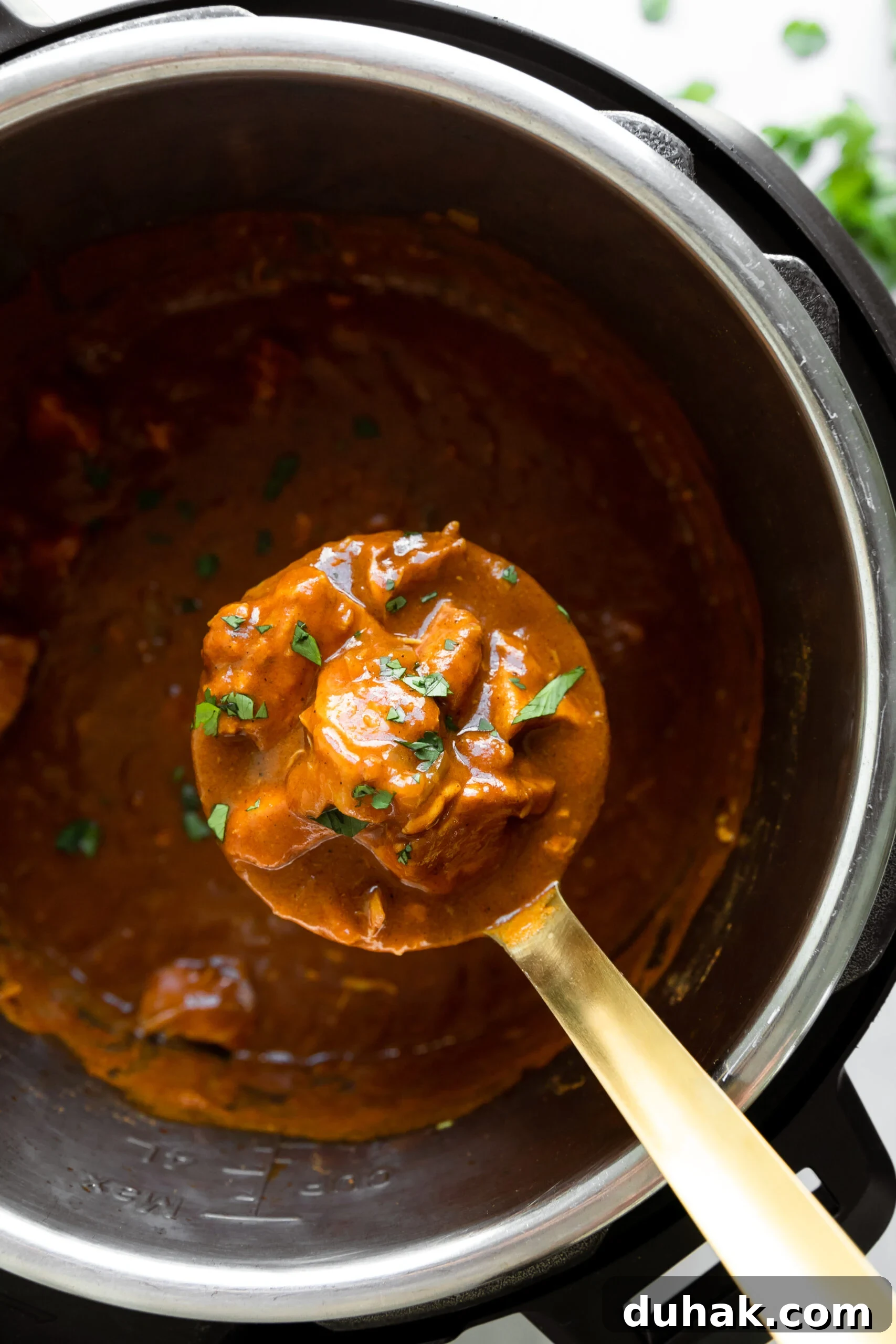 Chicken Tikka Masala Recipe: Light, Flavorful Weeknight Meal 5 a close up of a ladle holding chicken tikka masala garnished with parsley over an open instant pot