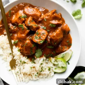 Chicken Tikka Masala Recipe: Light, Flavorful Weeknight Meal 7 Chicken Tikka Masala with white rice and lime and cilantro in a white bowl