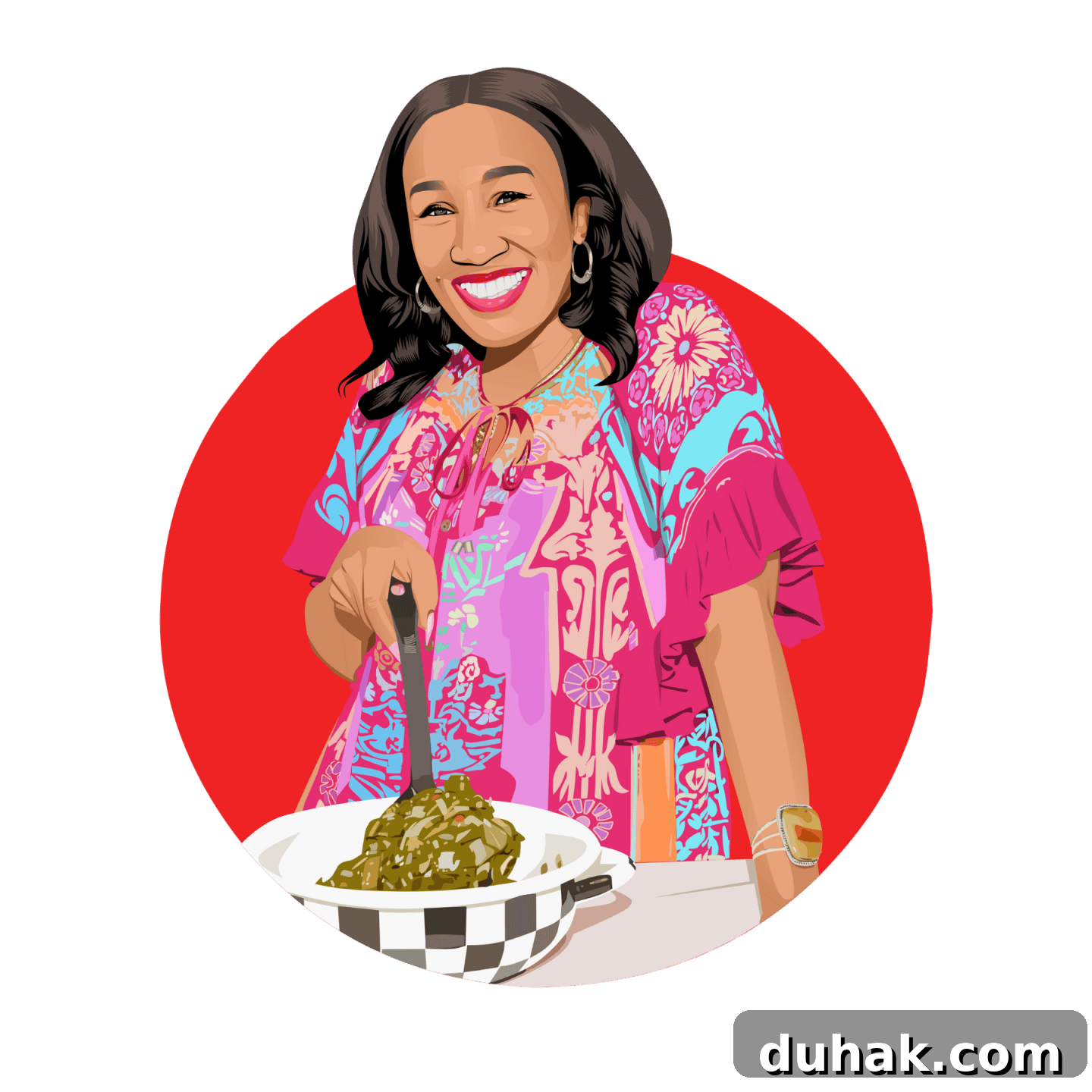 Top Modern Soul Food Recipes You’ll Love 3 Illustrated portrait of Shaunda Necole, soul food expert and founder of The Soul Food Pot®, serving Southern-style collard greens—symbolizing why Black folks cook soul food this way, rooted in African American culinary history, tradition, and cultural storytelling.