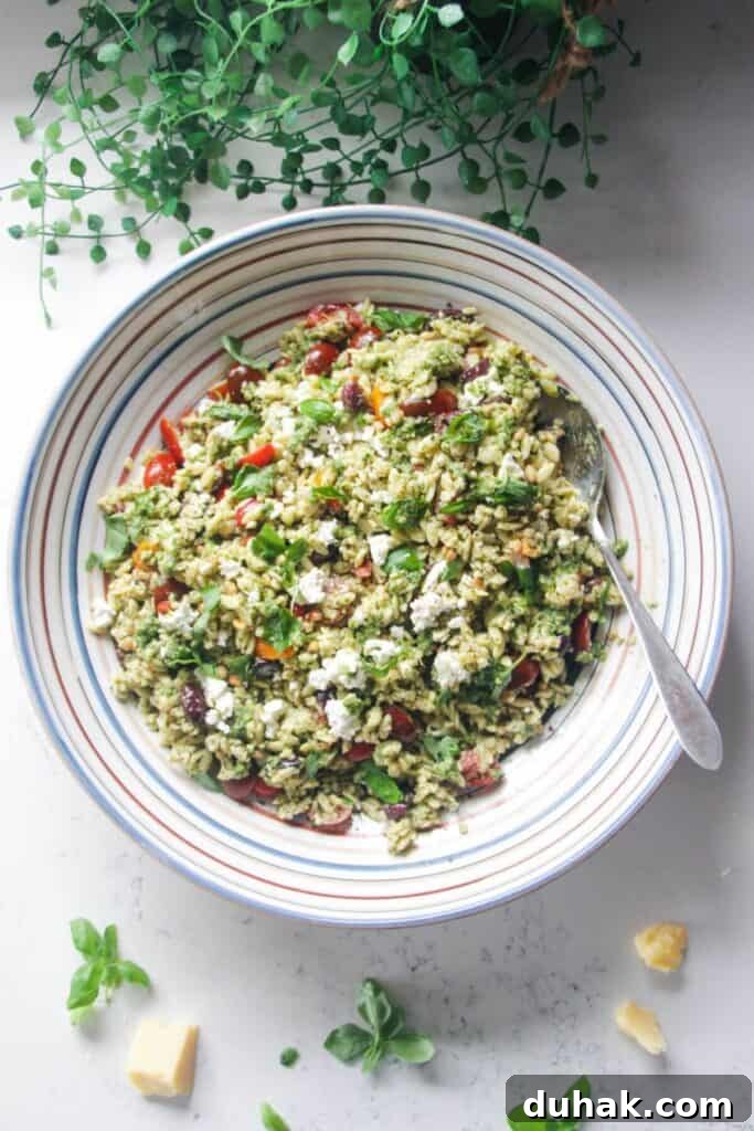 Orzo pesto salad in a large colourful serving bowl with a silver spoon.