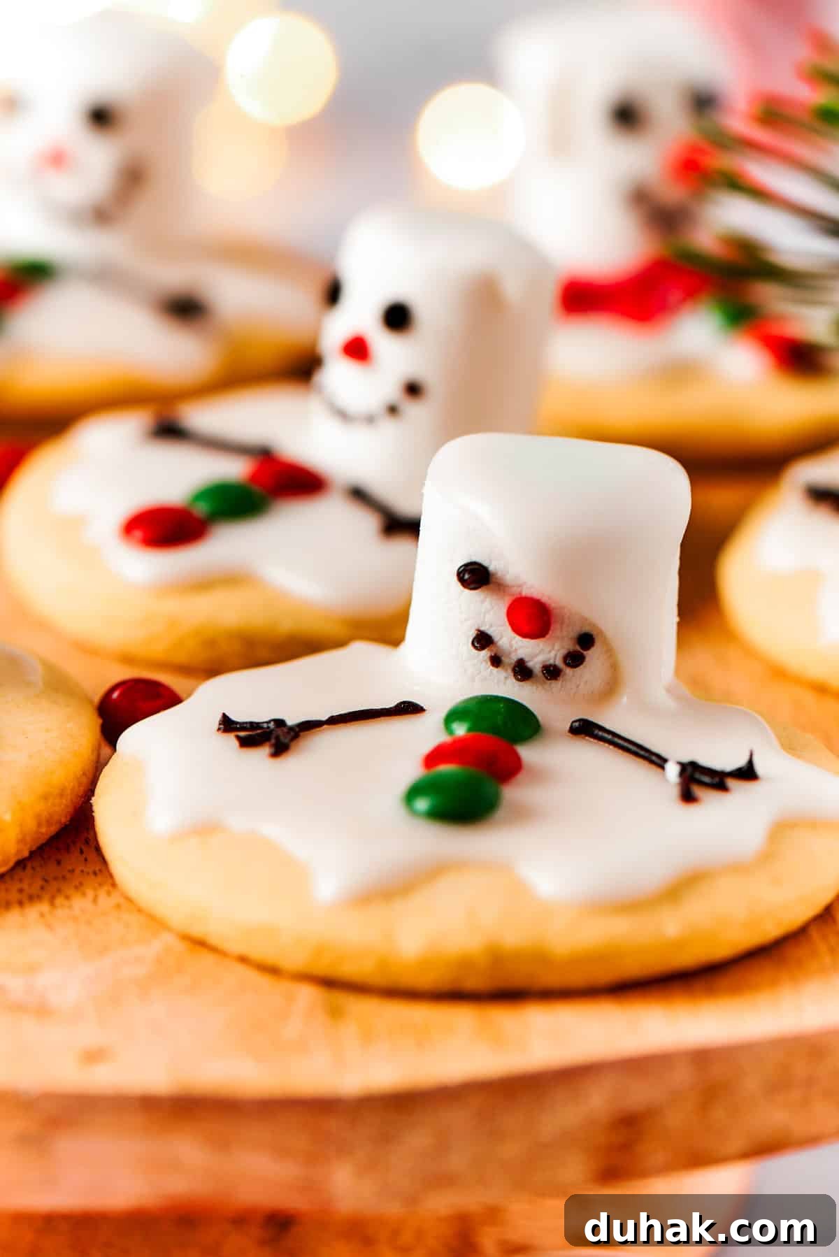 Close-up of a melted snowman cookie.