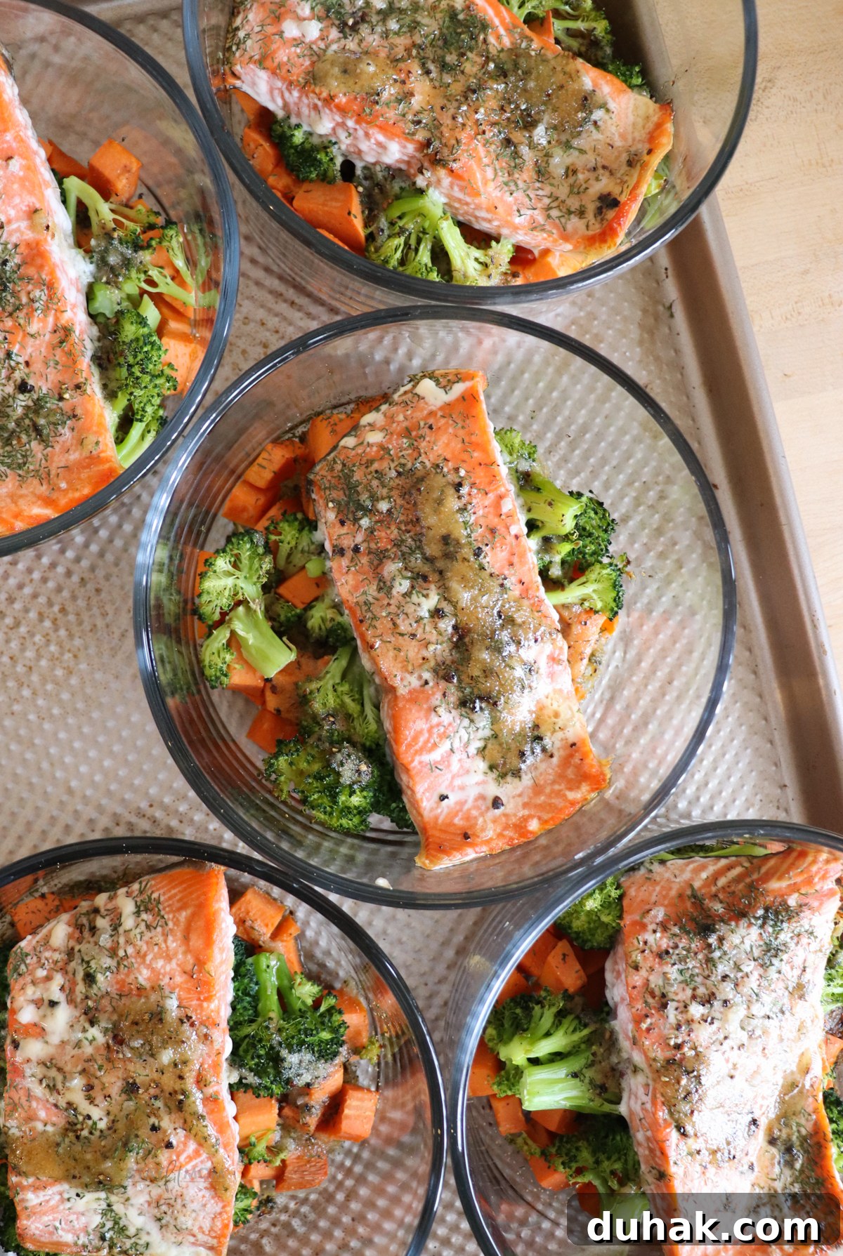 Maple-Glazed Salmon Bowls with Rice and Greens 2 Flaky maple Dijon salmon served over roasted sweet potatoes and broccoli