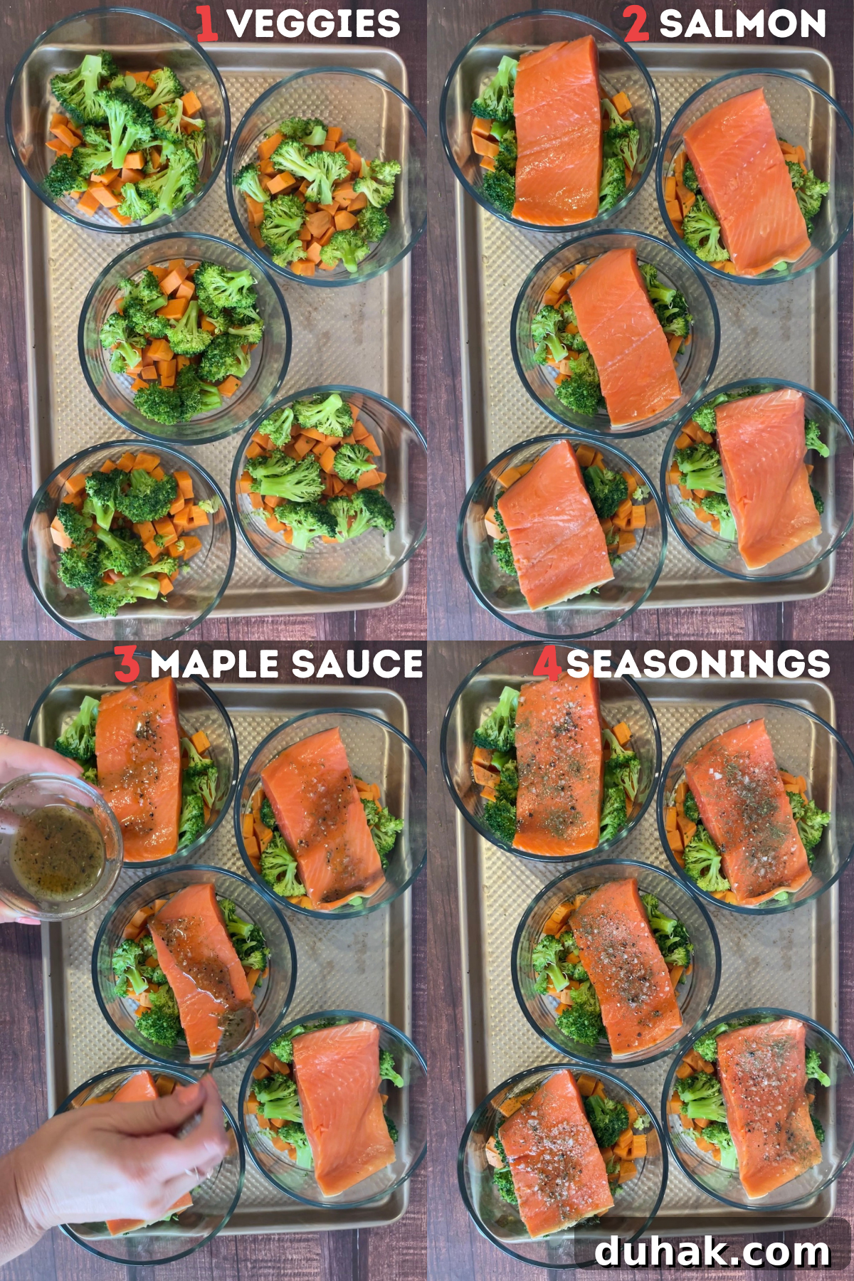 Maple-Glazed Salmon Bowls with Rice and Greens 3 4 images pieced together. Image 1 has 5 meal prep bowls on a sheet pan with diced broccoli and sweet potatoes, Image 2 has added salmon, Image 5 is being brushed with maple dijon mixture, and Image 4 ready to bake.