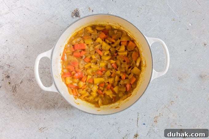Chakalaka: Traditional South African Spicy Vegetable Relish (Vegan, Gluten-Free) 3 overhead shot of chakalaka recipe after peppers have been added to onions