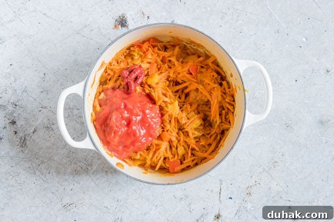 Chakalaka: Traditional South African Spicy Vegetable Relish (Vegan, Gluten-Free) 5 overhead shot of chakalaka after tomatoes and tomato paste are aded