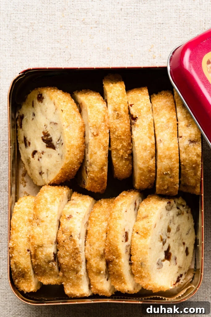 Baked pecan shortbread cookies with a sugar crust packed in a metal tin.