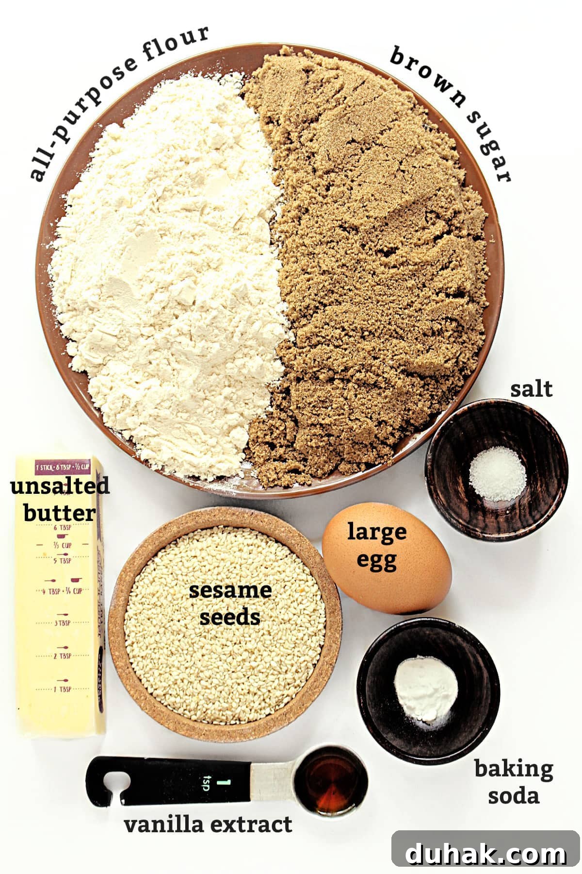 Benne Wafer ingredients with labels: flour, brown sugar, salt, egg, sesame seeds, baking soda, vanilla, butter.
