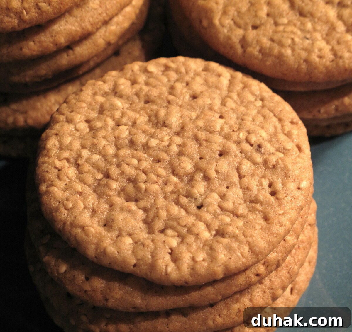 Closeup of top of Benne Wafer showing the toasted sesame seeds speckling the dough.