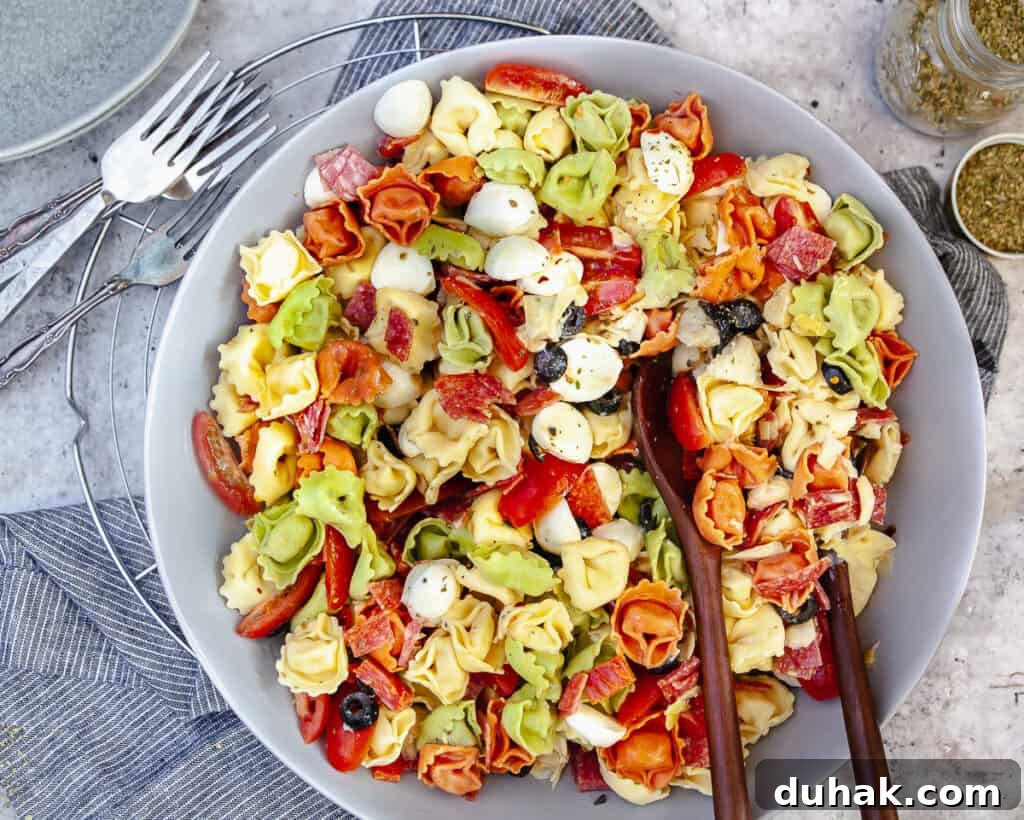 a bowl of tortellini antipasto salad. 