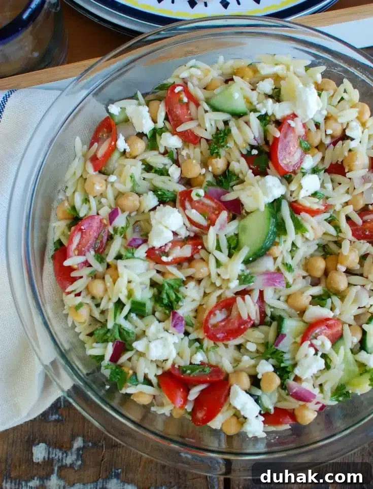 a bowl of orzo pasta salad with tomatoes and cucumbers. 