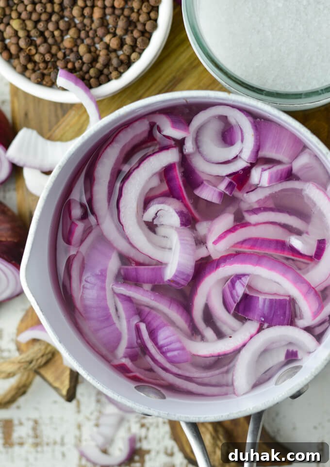 A pan of water holds slices of red onions. Allspice berries and sugar sit next to the pan. 
