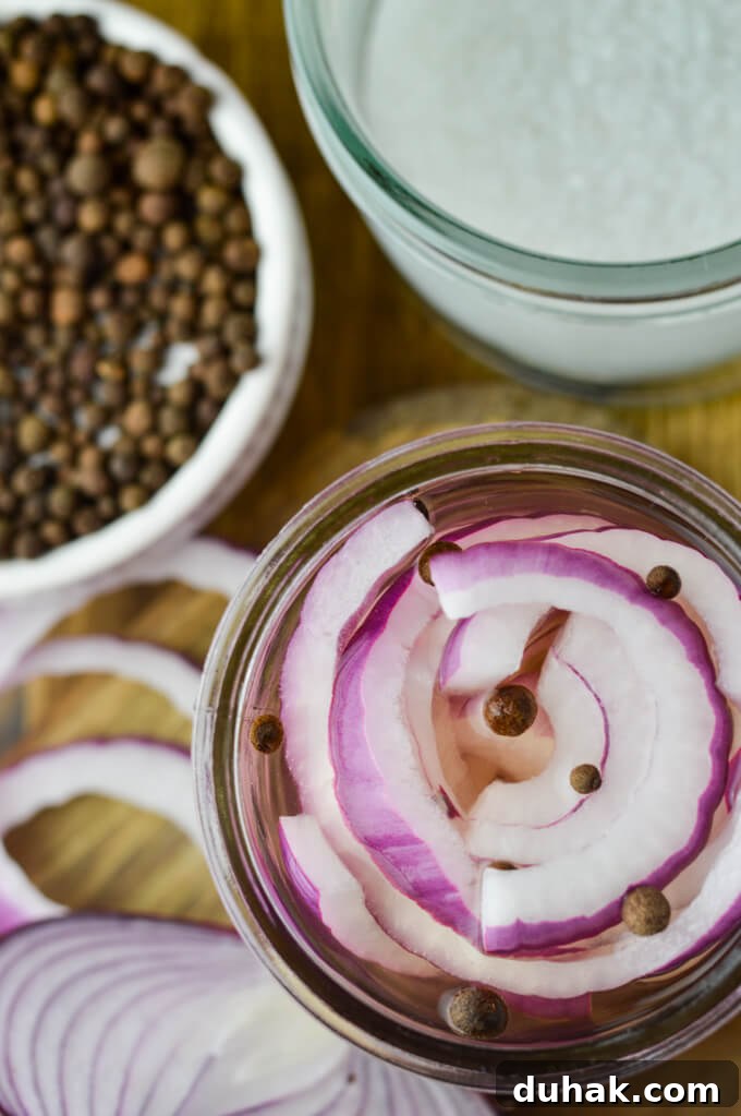 An overhead photo of slices of red onions sitting in a vinegar mixture in a jar with allspice berries floating. Allspice berries and sugar sit in next to it.