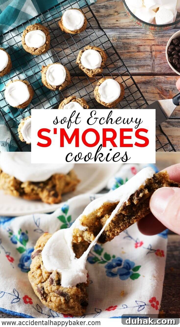Ultimate S'mores Cookie Recipe — Crispy, Gooey Campfire Flavor 8 Soft and Chewy Smores Cookies - Loaded with chocolate chips, marshmallows, and graham cracker flavor these are the best smores you'll ever eat! #smorescookies #smores #graham #chocolate #accidentalhappybaker