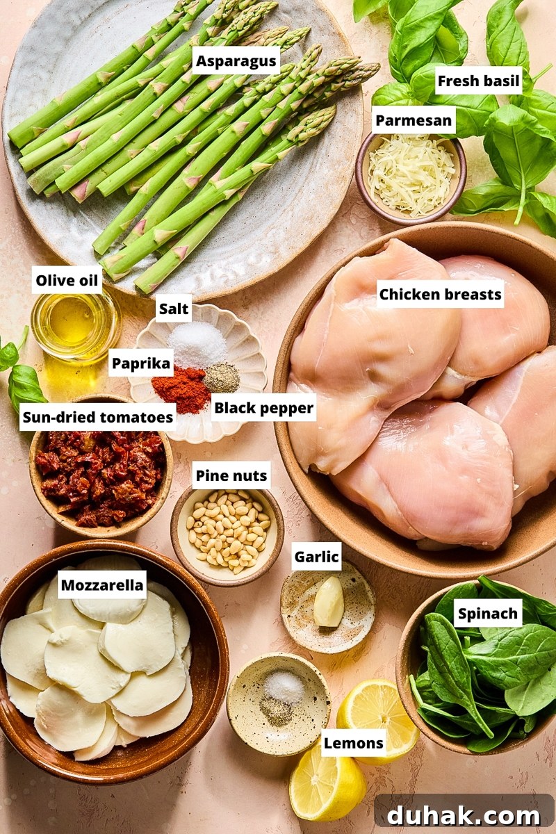 Asparagus and Sun-Dried Tomato Stuffed Chicken with Pesto and Cheese 3 Ingredient used to make asparagus stuffed chicken with pesto