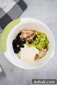 In a large bowl combine the shredded chicken onions paprika celery almonds dried cherries and the dressing